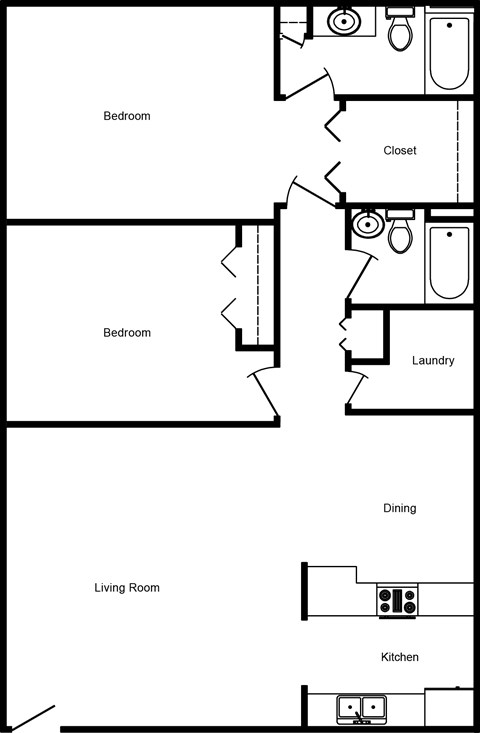 Floor plan for 2 beds, 2 baths, 1340 sqft